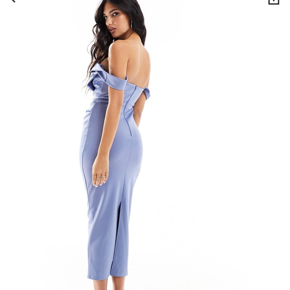 ASOS Design square neck pleat bust midi pencil dress in Blue - Picture 3 of 5